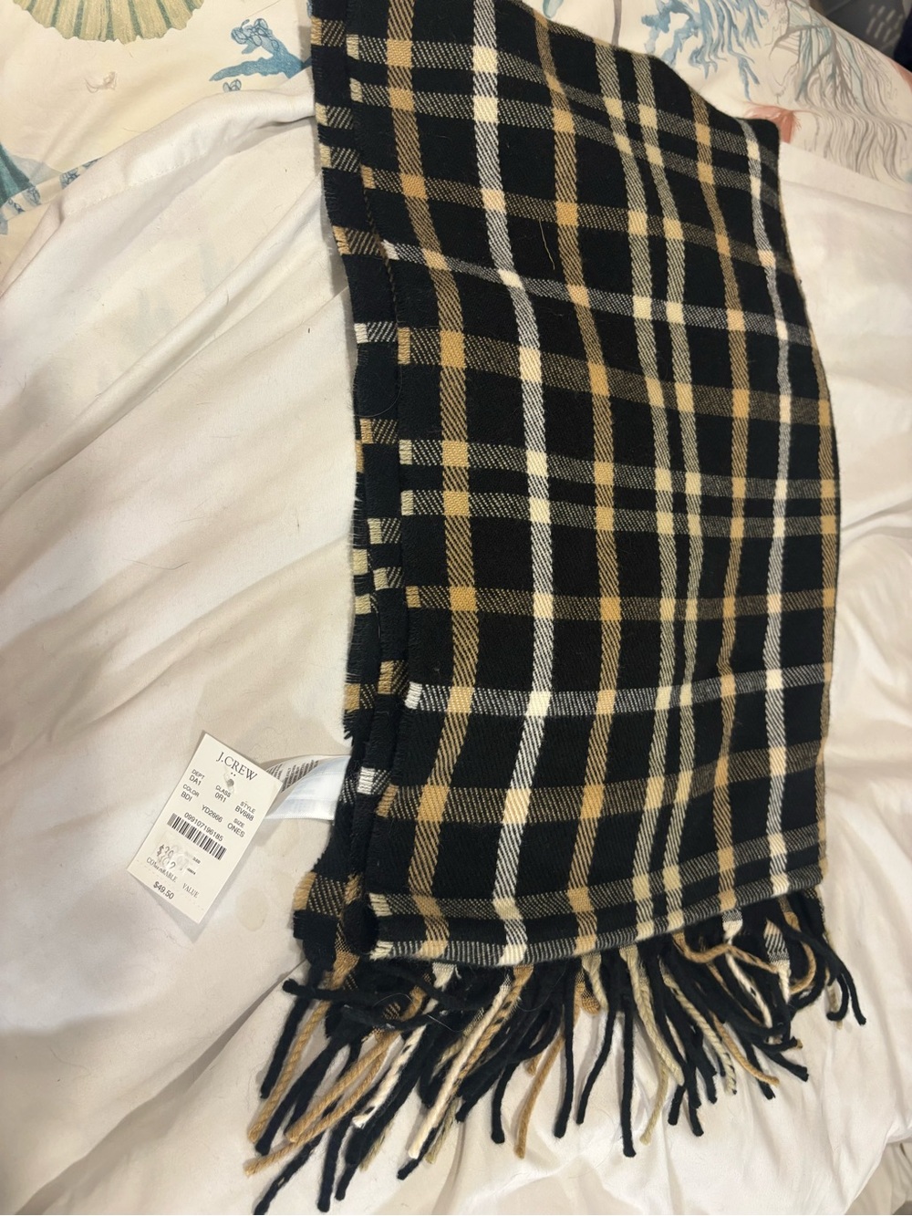 J. Crew Black, Tan & White Plaid Fringe Scarf